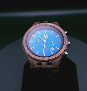 Classic Engraved Mens Dark Wood Watch With Blue Face