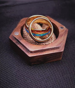 Match His and Hers Yellow Gold Tungsten Rings Opal Ring With Koa Wood Inlay
