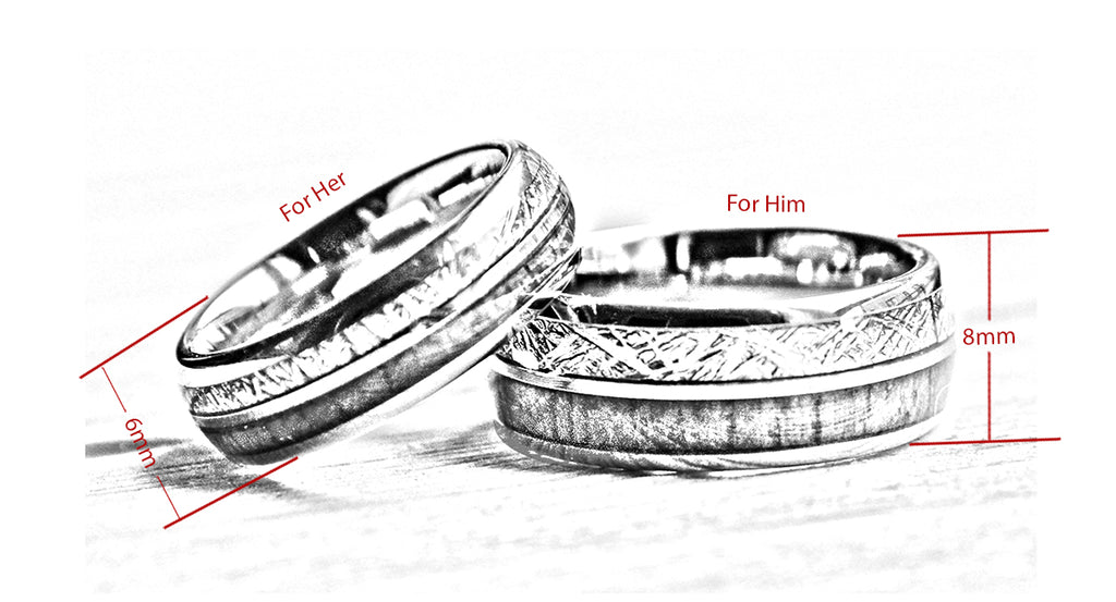 match his and hers rose gold  tungsten ring with meteorite and wood-wedding band wooden dimensions