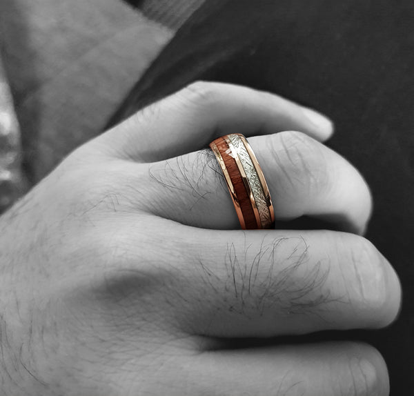 Match His and Hers Rose Gold Tungsten Rings With Meteorite And Wood Inlay