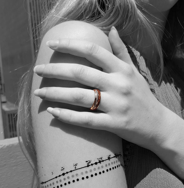 Match His and Hers Rose Gold Tungsten Rings With Meteorite And Wood Inlay