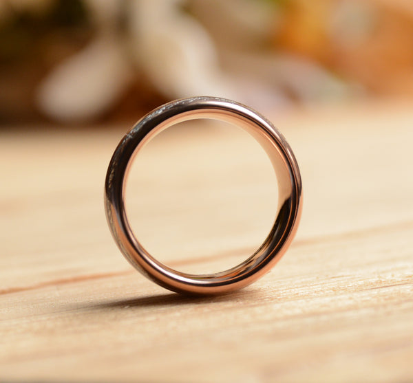 Match His and Hers Rose Gold Tungsten Rings With Meteorite And Wood Inlay