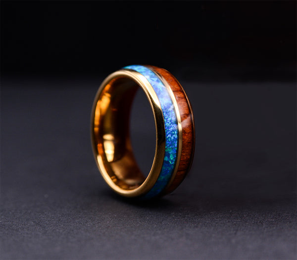 Match His and Hers Yellow Gold Tungsten Rings Opal Ring With Koa Wood Inlay