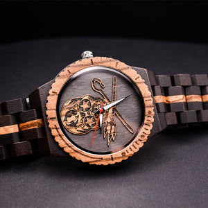 Mens Skeleton Watch, Round Wooden Watch With Skeleton Face, Wood Watch Men, Skeleton Watch Mens, Engraved Watch